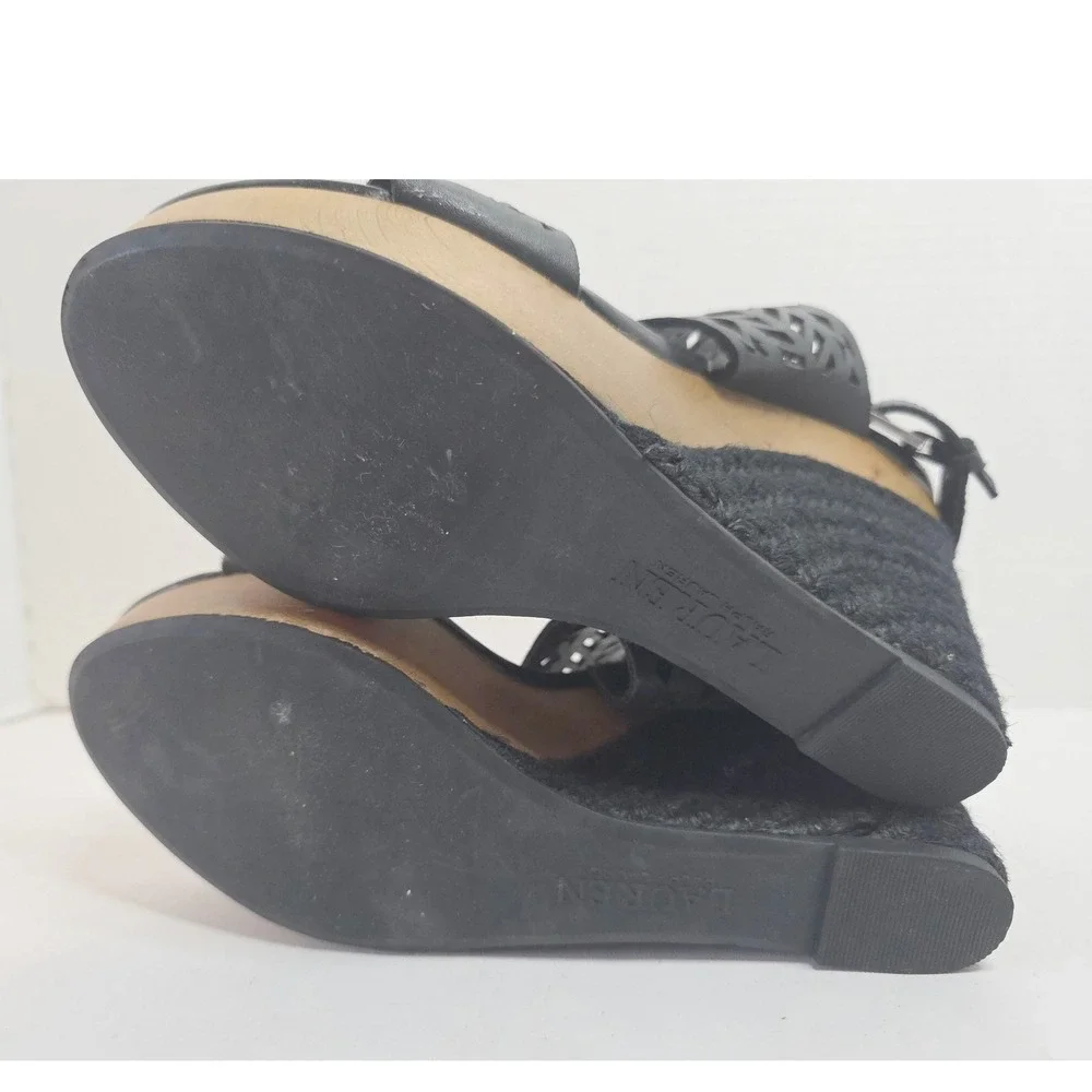 Lauren RL Georgina Black Leather Laser Cut Wood Wedge Platform Sandals 8B